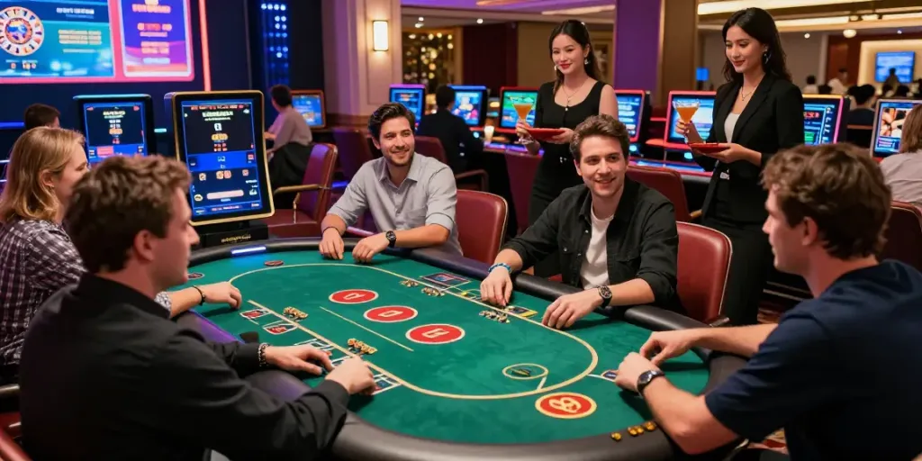 Exciting gaming atmosphere at http://sin88-onl.com/ featuring players at virtual casino tables.