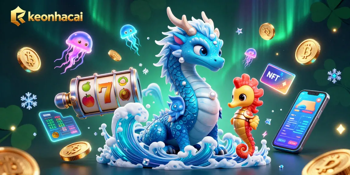 Play exciting games with keonhacai, featuring slot reels and vibrant characters in a colorful underwater scene.