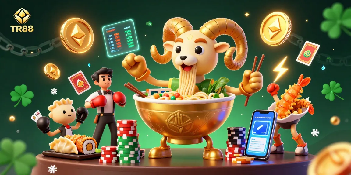 Place your bets with TR88 in a vibrant, engaging casino atmosphere featuring unique characters and crypto elements.