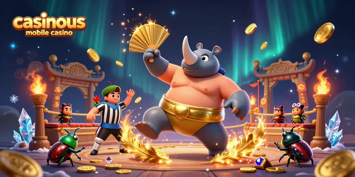 Experience exciting gameplay with casinous mobile casino: beetle champion winning amidst golden coins.