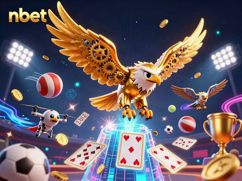 Engage in the thrilling world of nbet as a cybernetic eagle dives through playing cards amidst vibrant sports elements.