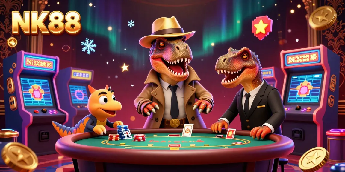 Experience thrilling gameplay at NK88, where the cartoon velociraptor attempts to win big at the blackjack table.