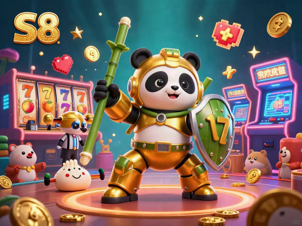 Engage in thrilling slot gaming action with S8 in an exciting 3D casino arena packed with colorful elements.