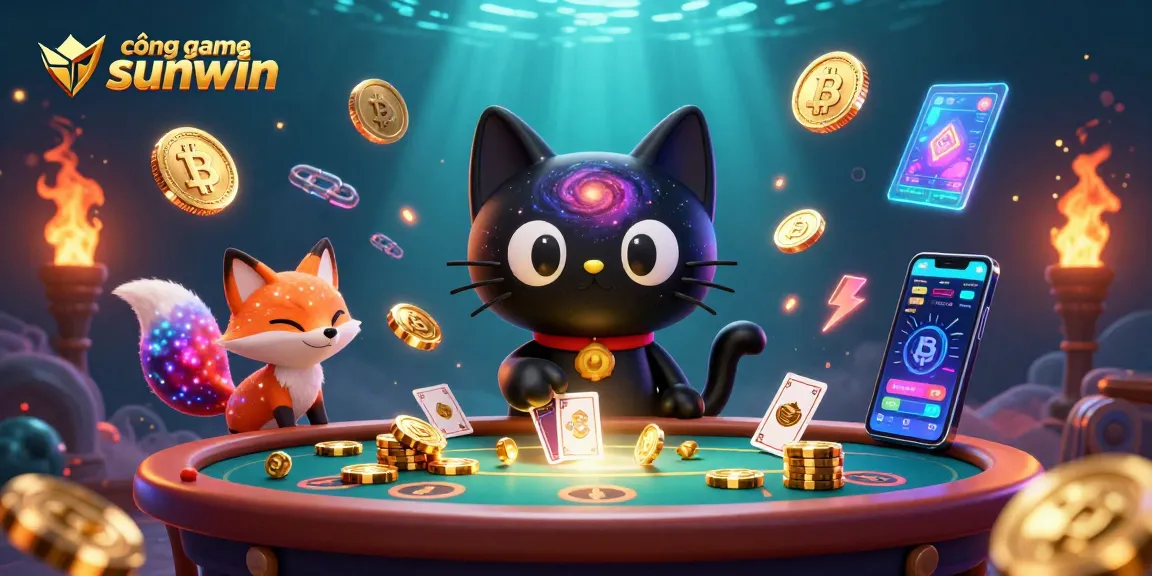 Engage with the cổng game sunwin featuring colorful characters and glowing cryptocurrency elements in an exciting casino scene.