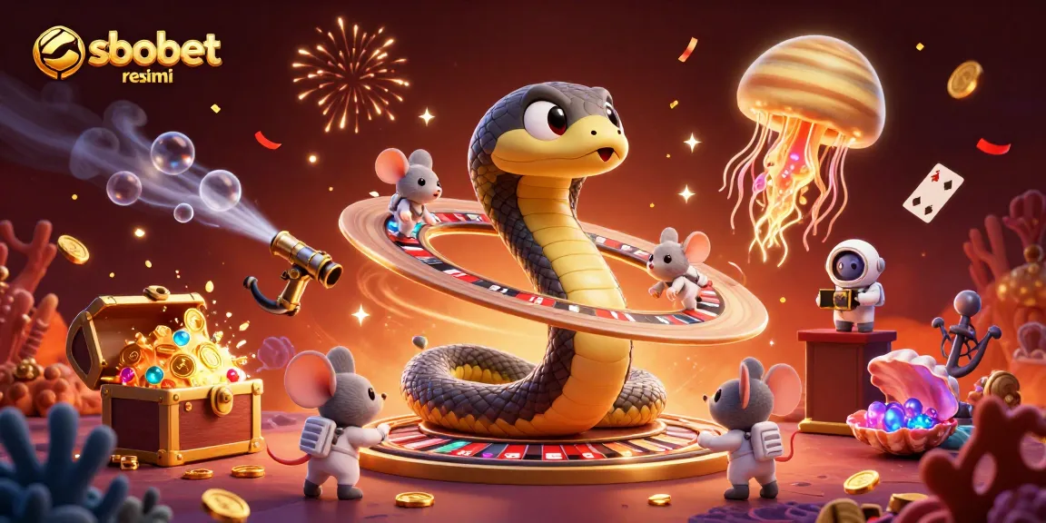 Place your bets with sbobet resmi in a vibrant cosmic casino scene featuring colorful characters and elements.