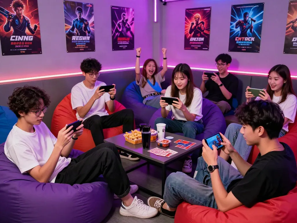 Dynamic mobile gaming lounge showcasing players enjoying http://11bet-app.net/ in vibrant neon lighting.